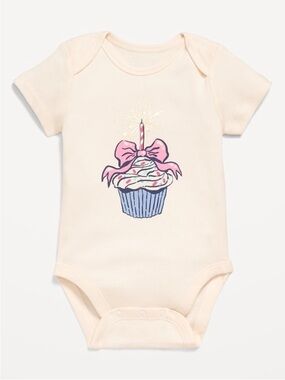 Cream Baby One-Piece Happy Birthday Cupcake Graphic